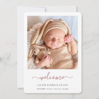 simple modern baby birth announcement with photo and rose gold script.