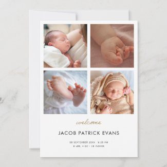 Simple modern newborn announcement cards with photo collage and welcome script in gold.