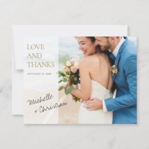 Elegant modern wedding thank you cards with photo and love and thannks in gold.