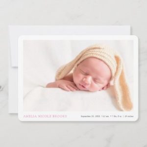 Simple modern baby arrival announcement cards with photo and pink name text.