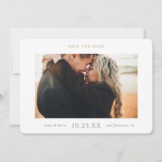 Simple modern horizontal photo save the date wedding cards with grey and gold text.