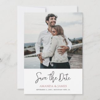 Simple modern wedding save the date invitations with photo and names in rose gold.