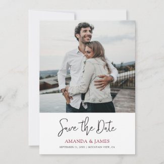 Simple modern wedding save the date invites with photo and names in burgundy.