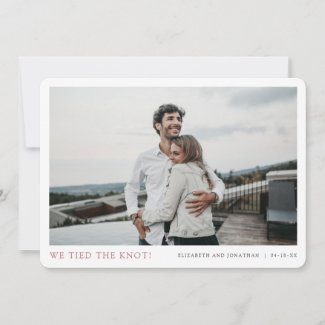 Elopement announcements with simple modern borders and photo with rose gold We tied the knot! text.