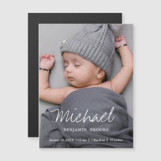 Birth announcement magnet with custom photo for boy or girl.