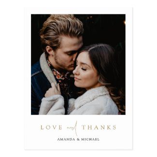 Custom photo wedding thank you postcards with gold love and thanks.