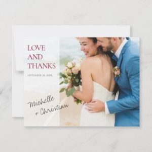 Custom wedding thank you photo cards wqith burgundy love and thanks text.