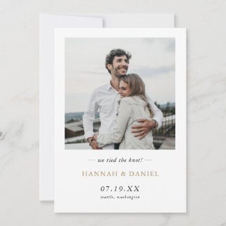 Simple modern elopement announcement flat cards with photo and gold names text.