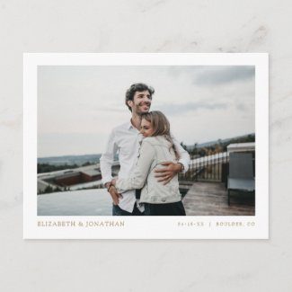 Simple photo save the date postcards with modern minimalist borders.