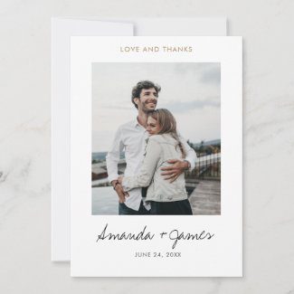Simple modern wedding photo thank you card with gold love and thanks text.