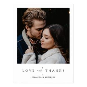 Simple modern photo wedding thank you postcards with love and thanks text in black.