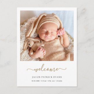 Custom birth announcement postcards with photo and modern script.