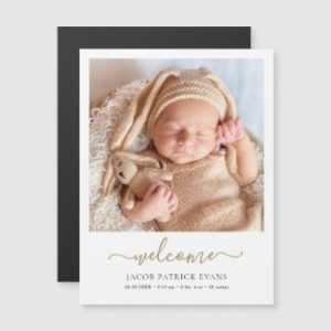Custom birth announcement magnets with photo and modern gold script.