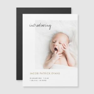 Moagnet birth announcements with photo and modern script.