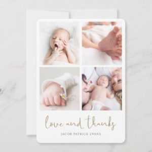 Custom multi photo baby shower thank you card with modern gold script.