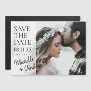 Custom save the date magnet with photo and modern script.