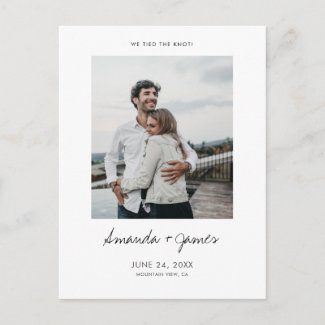 Simple elopement announcement postcards with photo and modern script.