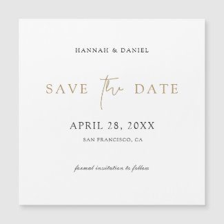 Minimalist save the date magnets with gold typography.
