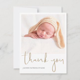 Simple modern baby shower thank you card with photo and gold script.