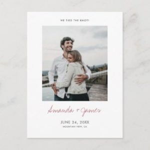 Simple modern wedding elopement announcement postcards with photo and rose gold script.