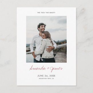 Simple modern wedding elopement announcement postcards with photo and rose gold script.