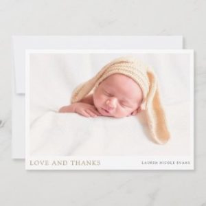 Custom photo baby shower thank you card with gold.