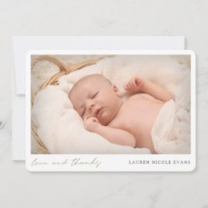 Custom photo baby shower thank you card in horizontal flat card format with modern gold script.