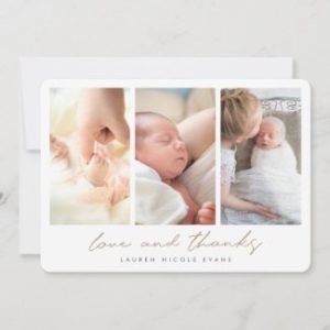 Photo collage baby shower thank you card with modern gold script.