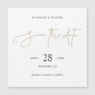 Simple save the date magnets with modern gold script without photo.