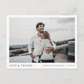 Simple Modern thank you postcards for wedding with photo in horizontal format.