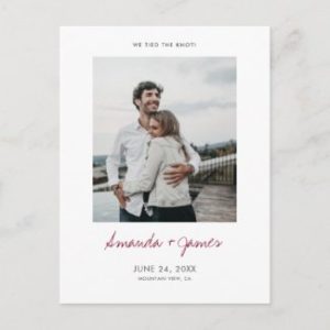 Simple modern wedding elopement announcement postcards with photo and burgundy script.