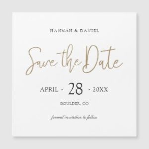 Square wedding invitation magnets with modern gold save the date script.