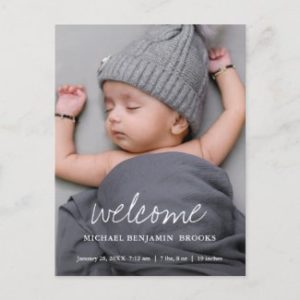 Baby photo announcement postcards with modern white welcome script.