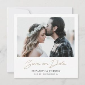 Elegant save the date cards with photo and gold script in a square format.