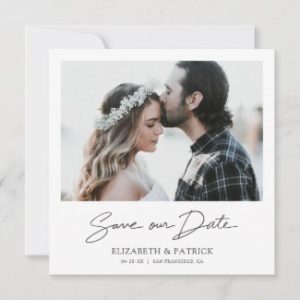 Elegant save the date invitations with photo and modern script.