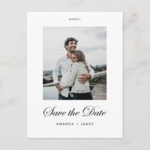Simple modern save the date postcard with photo and black typograhpy.