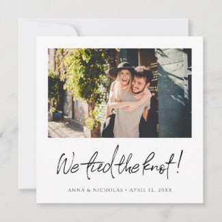 Photo wedding announcement card with 'we tied the knot!' text in black.