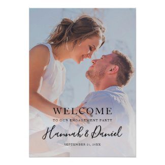 Engagement party welcome sign with full photo and modern black script.