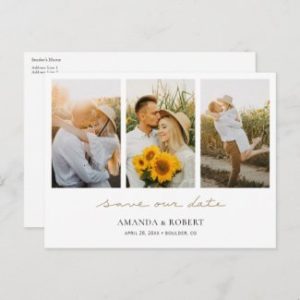 Photo collage save the date postcards with save our date in gold script.