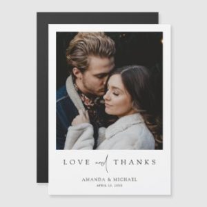 Photo wedding thank you magnet card with modern typography.