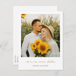 Simple photo save the date postcards with save our date in gold handwriting.