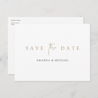 Simple save the date postcard without photo with modern gold typography.
