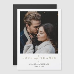 Modern wedding thank you magnet card with gold typography and photo.