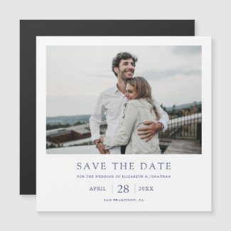 Blue save the date magnets with custom photo.