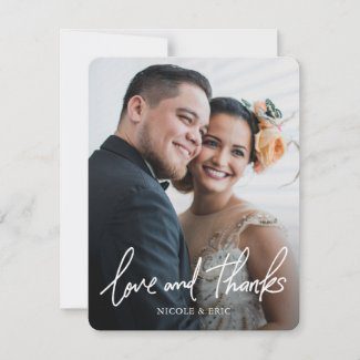 Full photo thank you wedding card with love and thanks in white.