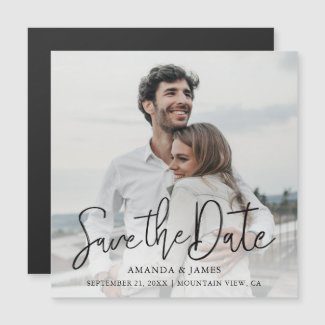 Square save the date magnets with photo and modern typography.