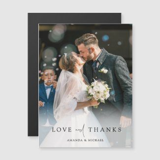 Custom photo wedding thank you magnet with modern black love and thanks typography.