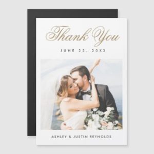 Vertical wedding thank you magnet with elegant gold typography and photo.