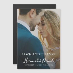 Magnetic wedding thank you card with photo and modern white typography.