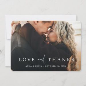 Horizontal modern photo wedding thank you card with love and thanks in white.